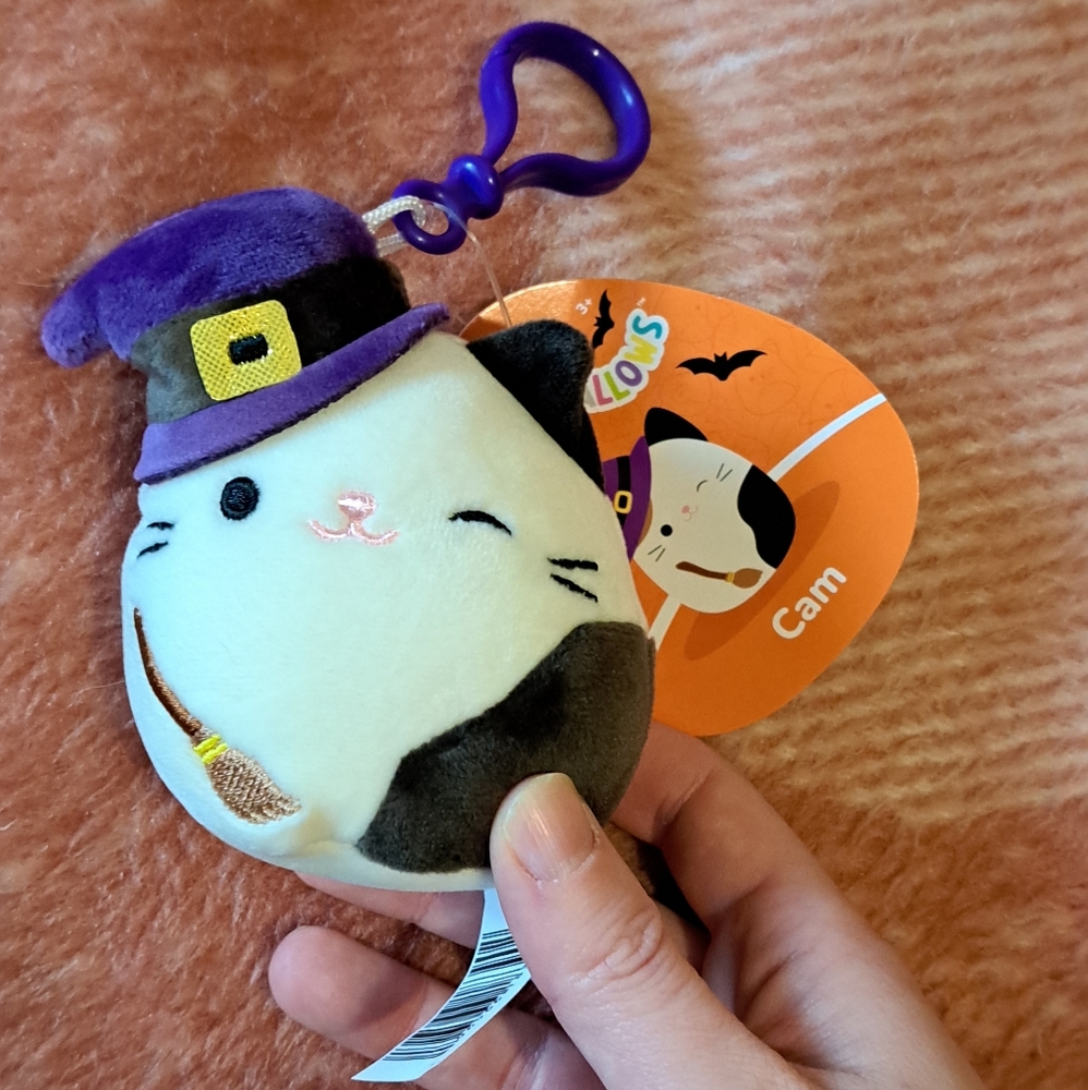 NWT Squishmallows 3.5" "Cam" w/ Witch Hat Black White Halloween Cat Plush Clip